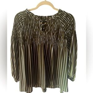 Dark Olive Green and Cream Striped Smocked Blouse. New without Tags. Size=Large
